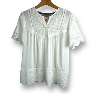 Knox Rose Women's M Eyelet Lace Short Sleeve Blouse‎ White Cotton Coastal Preppy